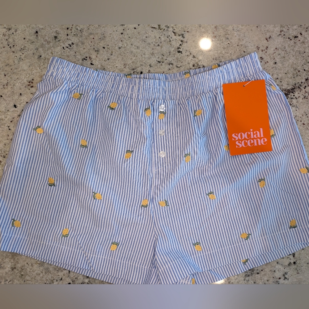 Social Scene Lemon Seersucker Pajama Shorts Blue White Stripe Sleep Lounge SizeL